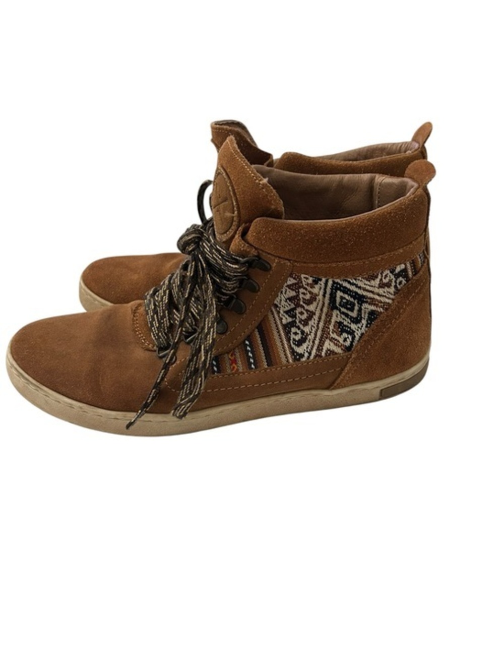 Inkkas brown suede camping boots featuring traditional Peruvian textile inlays